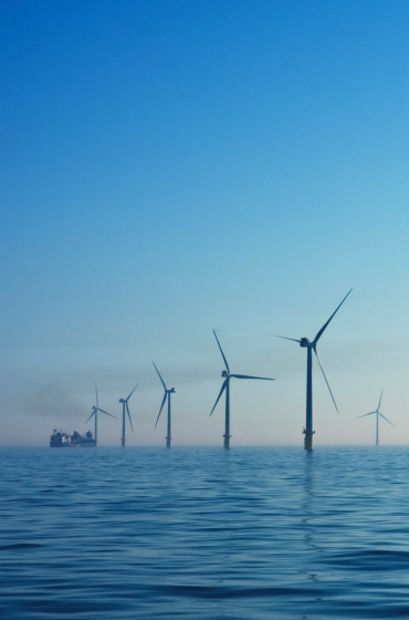 Offshore wind turbines in a calm sea under a clear blue sky